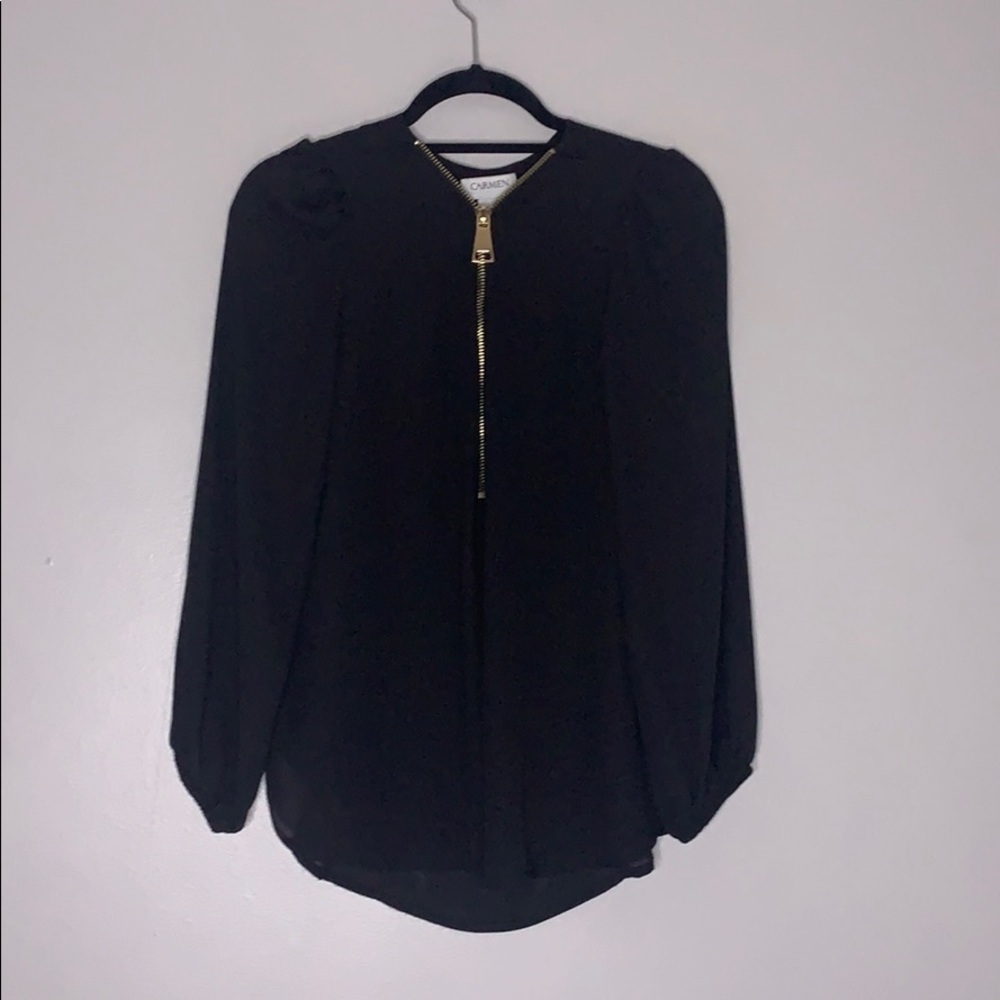 Carmen Marc Valvo Black zip front long sleeve blouse women’s medium - Picture 1 of 8